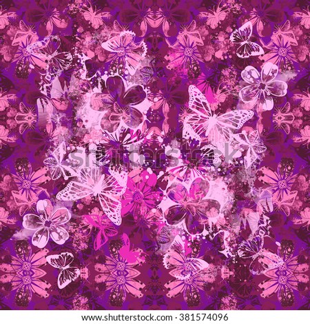 Motley seamless spring pattern with flowers and butterflies. In pink color
