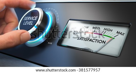 Hand turning a service level knob up to the maximum with a dial where it is written the word satisfaction. Concept image for illustration of Key Performance Indicator, KPI or customer loyalty. Royalty-Free Stock Photo #381577957