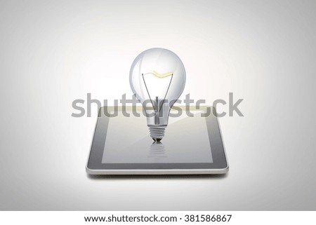 technology, startup, idea and business concept - close up of tablet pc computer with light bulb over gray background