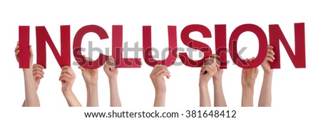 Many Caucasian People And Hands Holding Red Straight Letters Or Characters Building The Isolated English Word Inclusion On White Background