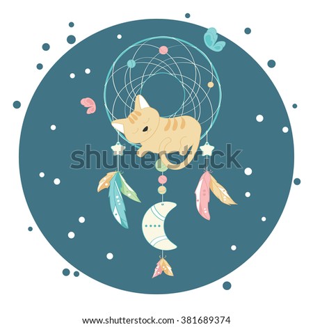Cat sleeping on dreamcatcher. Isolated vector design elements on a dark blue background. Hand drawn. Boho style.