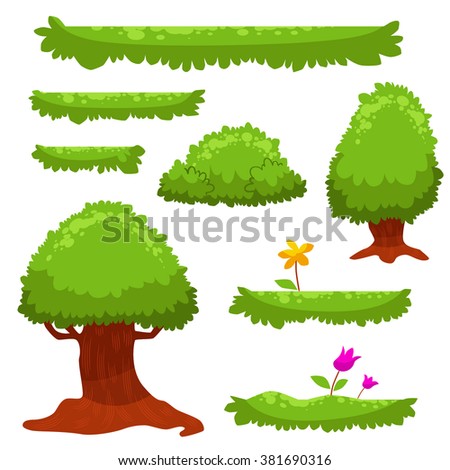 Set of trees, plants and grass vector set. Game elements for design
