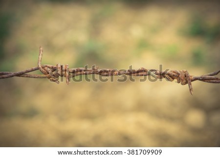 Close-up view segment of rusty barbed wire and cobweb against a blurred brown nature background of soil and grass. Detail old grunge iron fence of barb wire. Boundary, Protection and Security concept.