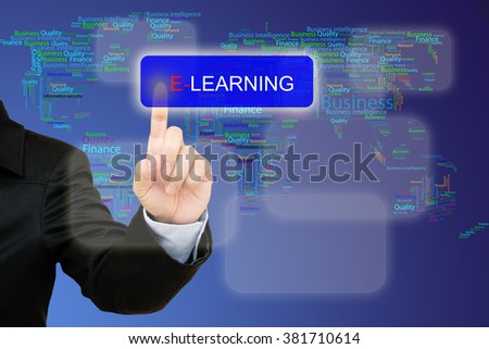  hand pressing e-learning  button on interface with world map  background.