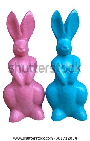 Blue and pink ceramic rabbit isolated on white background