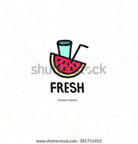 Bright, juicy brand name, emblem. Hand drawn logotype. Freshness. Cocktail. Slice of watermelon. Fruit berry logo. Fresh. Cartoon illustration. Vector minimalistic design. 