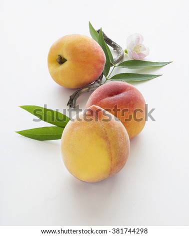 Juicy fresh cut peaches and whole peaches with leaves on white background. Natural lighting. Closeup.