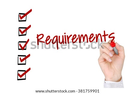 A hand with a marker writing 'Requirements'. Royalty-Free Stock Photo #381759901