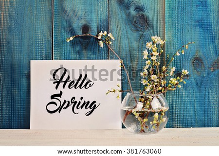 Hello spring poster and bouquet of cherry flowers Royalty-Free Stock Photo #381763060