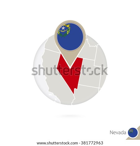Nevada US State map and flag in circle. Map of Nevada, Nevada flag pin. Map of Nevada in the style of the globe. Vector Illustration.