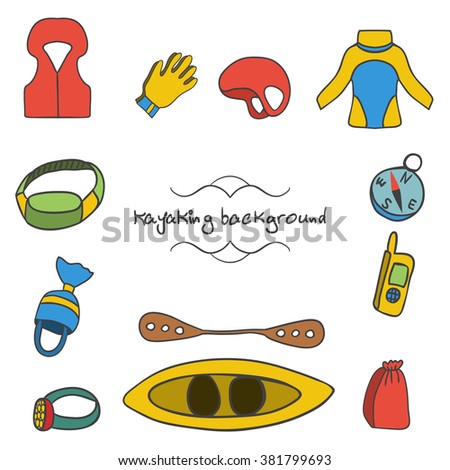 Set kayaking equipment. Illustration with kayak, paddle, jacket and helmet for extreme sport.