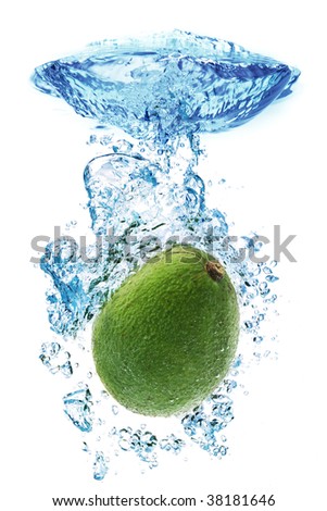 A Avocado splashing into water against a white background.