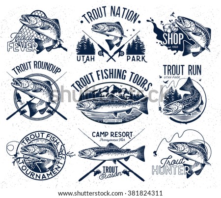 Vintage trout fishing emblems, labels and design elements