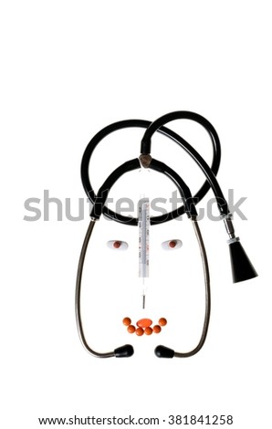 Humorous caricatures of doctor made of a medical stethoscope, tablets - joke on a white background