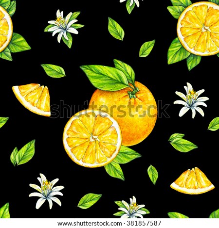 Orange fruits ripe with green leaves. Watercolor drawing. Handwork. Tropical fruit. Healthy food. Seamless pattern for design
