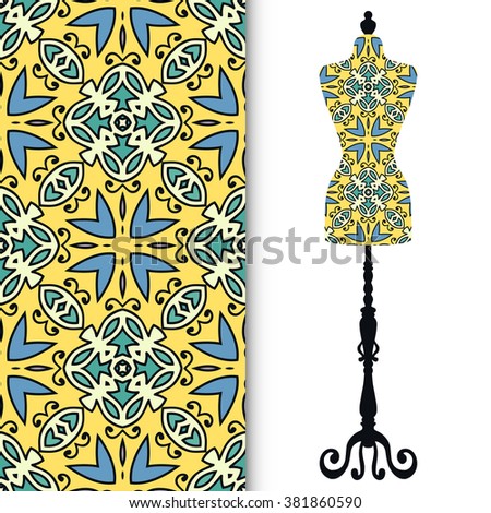 Vector fashion illustration, vintage tailor's dummy for female body and seamless floral geometric pattern, repeating texture. Isolated element for fabric print, scrapbook or invitation cards design.