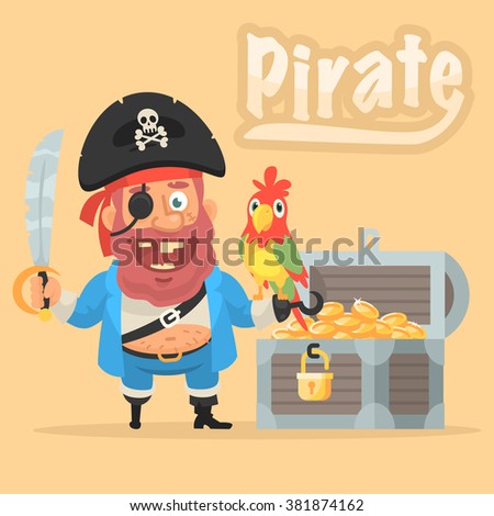 Pirate with parrot and chest with gold
