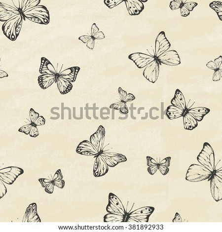 Set of hand drawn butterflies. Entomological collection of highly detailed hand drawn butterflies. Retro vintage style. Seamless pattern. Vector illustration.