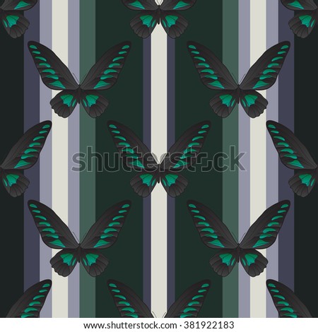 Seamless vertical pattern with green and black butterfly on the striped grey, white and green background. Vector exotic retro design of wallpaper, textile