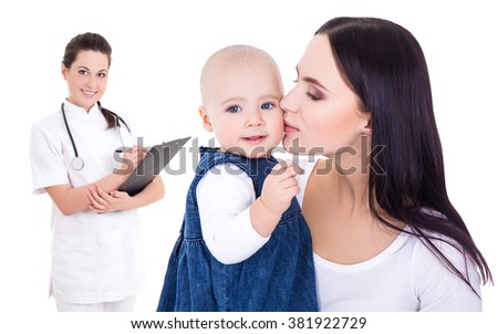 female doctor and happy young mother kissing little daughter isolated on white background