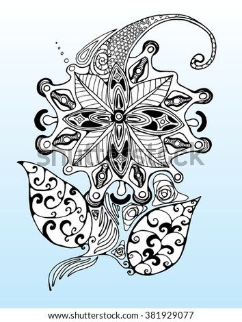 Abstract flower. Decorative flower. Stylized. Line art. Doodling. Zentangl. Black and white. Background. Drawing by hand. Mandala.