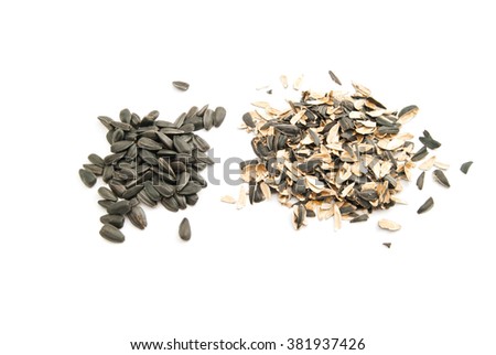 sunflower seeds and husk on white background