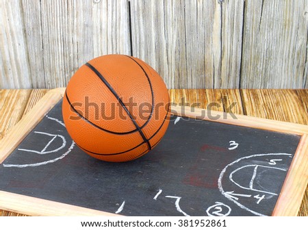 An orange basketball on a wood floor in front of a wood wall with set plans is a great image for basketball season, March Madness,or championship playoffs. Set plans are on blackboard. Copyspace.