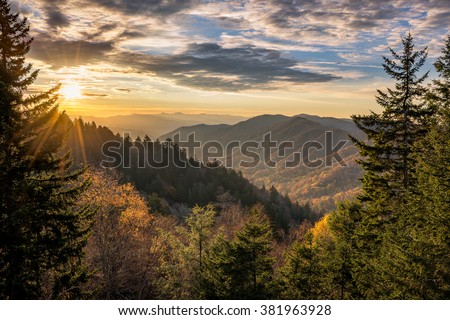 Autumn sunrise over Newfound Gap overlook in the Great Smoky Mountains Royalty-Free Stock Photo #381963928