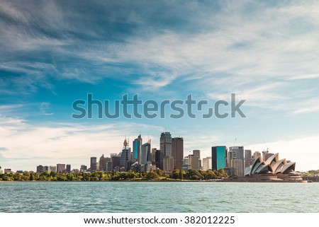 Beautiful panoramic view of Sydney city skyline from the sea