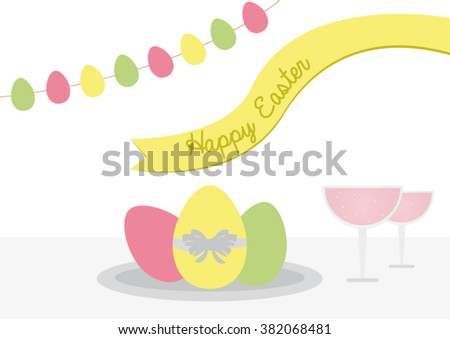 Happy Easter Eggs With Festive Decorations, Flat Design