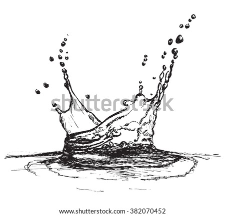 Hand drawn water or milk splash with ripple isolated on white background, sketched with a pen in doodle style