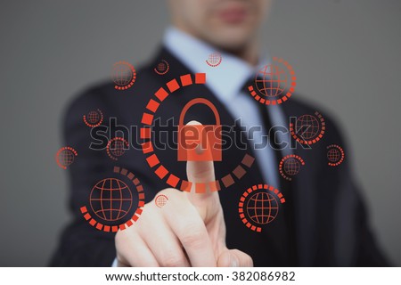  businessman pressing cyber security button on virtual screens
