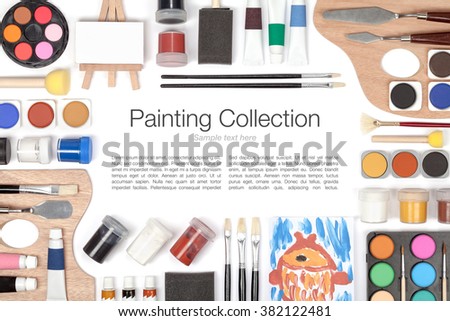 painting tools and other essentials on white background top view. flat lay frame composition with copy space 