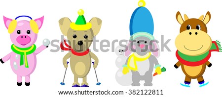 Winter sport activities vector illustration, domestic animals in flat style making winter sport, skiing, snowball, snowman, skating, lovely cartoon characters, cute pets human like, outdoor playing
