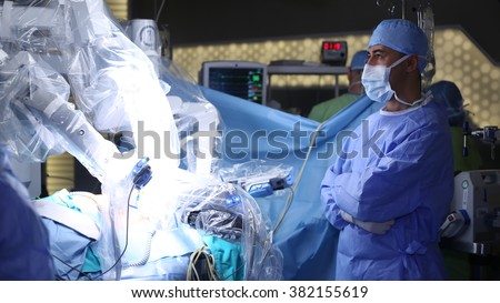 Da Vinci Surgery. Minimally Invasive Robotic Surgery with the da Vinci Surgical System. Medical robot. Robotic Surgery. Medical operation involving robot.  Royalty-Free Stock Photo #382155619