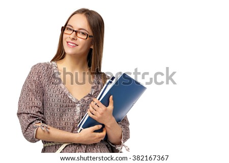 Beautiful female student with books isolated on white background.