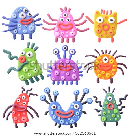 A set of cute, very funny, crazy monsters, germs. Handmade - clay.
