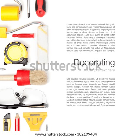 decorating and house renovation tools and appliances on white background with copy space. flat lay composition in red and yellow colors top view