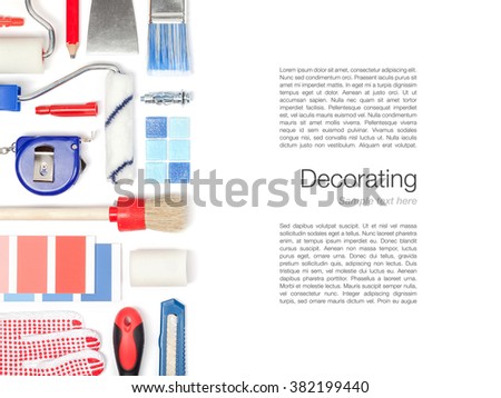 decorating and house renovation tools and appliances on white background with copy space. flat lay composition in red and blue colors top view