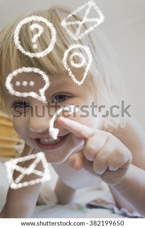 little girl and technology icons tablet 
