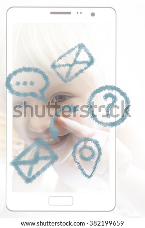 little girl and technology icons tablet 
