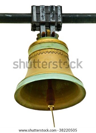 Photo of the big bronze old bell against the white background