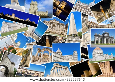 A collage of my best travel photos of famous Landmarks from European cities, included cities: Roma, Tallin, Ephesus, Istambul, Pisa, Avila, Madrid, Florence, Athens, Venice,Leon, Granada,Lisbon, etc. 