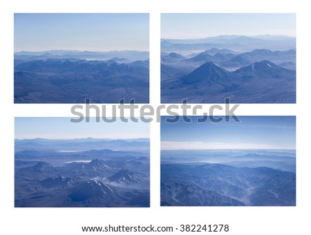 Grid style photo set collection of aerial view of andes mountains landscapes window plane shots.