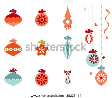 Retro christmas ornaments, ribbons and confetti.