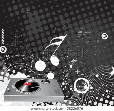 turntable on grunge wave halftone line background, vector illustration
