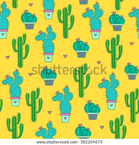 Cactuses seamless pattern on a yellow background. Vector illustration