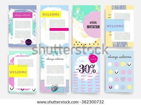 Template. Set of Trendy Posters with hand drawn Background. Modern Hipster Style for Invitation, Business Contemporary Design, Placards, Flyer. Sale.