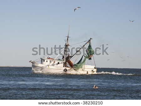Shrimp Boat with Flock of Sea Gulls in the Atlantic Ocean in Sneads Ferry, North Carolina, a popular shrimping destination. Royalty-Free Stock Photo #38230210