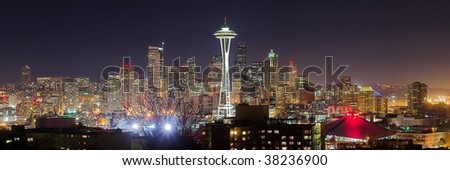 Panoramic view of the nightly Seattle and Space Needle.